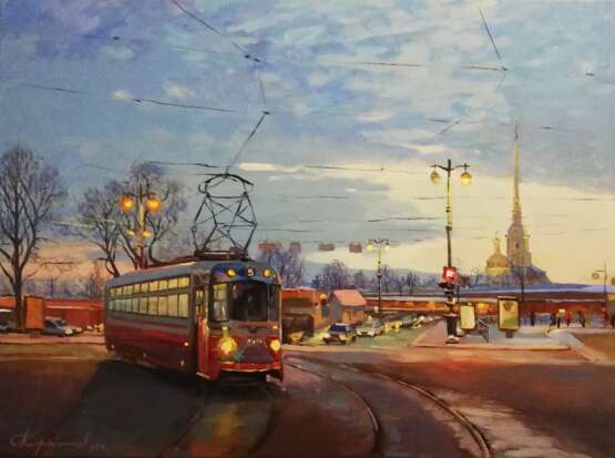 Painting “Evening tram on Petrogradka”, Canvas on the subframe, Tempera, Realist, Landscape painting, 2020 - photo 1