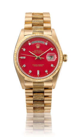Rolex. ROLEX, GOLD AND DIAMONDS DAY-DATE WITH RED STELLA DIAL, REF. 18078 - фото 1
