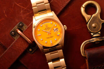 ROLEX, GOLD AND DIAMONDS DAY-DATE WITH YELLOW STELLA DIAL, REF. 1802