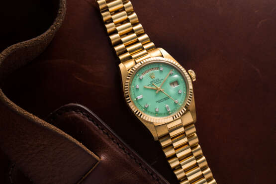 Rolex. ROLEX, GOLD AND DIAMONDS DAY-DATE WITH BABY GREEN STELLA DIAL, REF. 1803 - фото 1