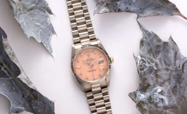 ROLEX, WHITE GOLD AND DIAMONDS DAY-DATE WITH PINK STELLA DIAL, REF. 18239