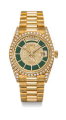 ROLEX, GOLD AND DIAMONDS DAY-DATE WITH GREEN LACQUERED DIAL, REF. 18388