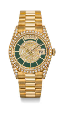 Rolex. ROLEX, GOLD AND DIAMONDS DAY-DATE WITH GREEN LACQUERED DIAL, REF. 18388 - фото 1