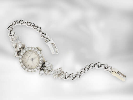 Armbanduhr: dekorative, ausgefallene und hochwertig gearbeitete vintage Damenuhr mit reichem Brillant-/Diamantbesatz, ca. 2ct, 18K Weißgold, 50er/60er-Jahre - Foto 1