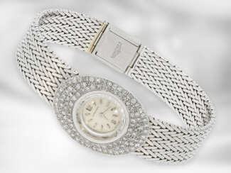 Armbanduhr: edle, weißgoldene vintage Damenuhr von Longines mit Diamantbesatz, ca. 1,2ct, 18K Weißgold
