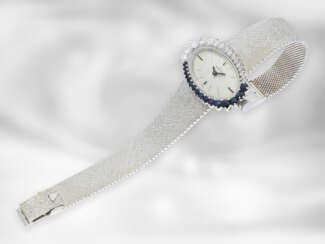 Armbanduhr: sehr dekorative, hochwertige Schmuckuhr mit Saphir- und Brillantbesatz, 18K Weißgold, vermutlich 60er-Jahre, Marke "La Martine"