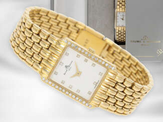 Armbanduhr: elegante, goldene vintage Baume & Mercier Damenuhr mit Diamant-Lünette, 18K Gold, mit Original-Box
