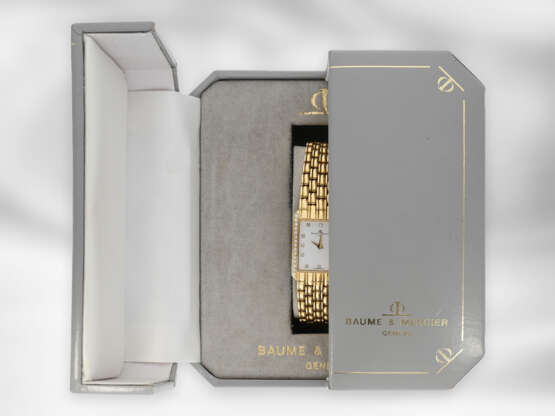 Armbanduhr: elegante, goldene vintage Baume & Mercier Damenuhr mit Diamant-Lünette, 18K Gold, mit Original-Box - photo 2