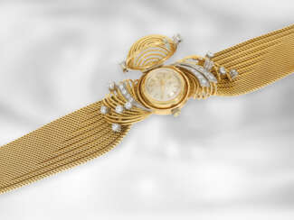 Armbanduhr: goldene, ausgefallene und sehr aufwändig gearbeitete vintage Cocktailuhr mit Brillantbesatz, Omega, 18K Gelbgold, ca.1950/60