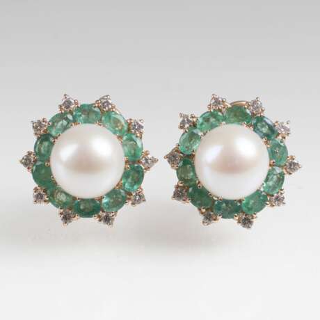  Paar klassisch-eleganter Smaragd-Perlen-Ohrringe - Foto 1