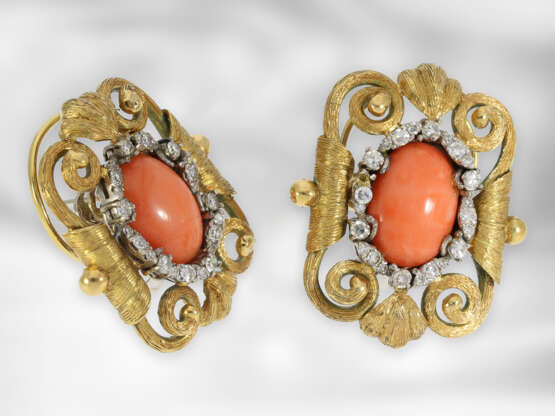 Ring/Ohrschmuck: sehr dekoratives, opulent verziertes antikes Schmuckset mit Engelshautkoralle und Brillanten, insgesamt ca. 0,73ct, 14K Gold - фото 6
