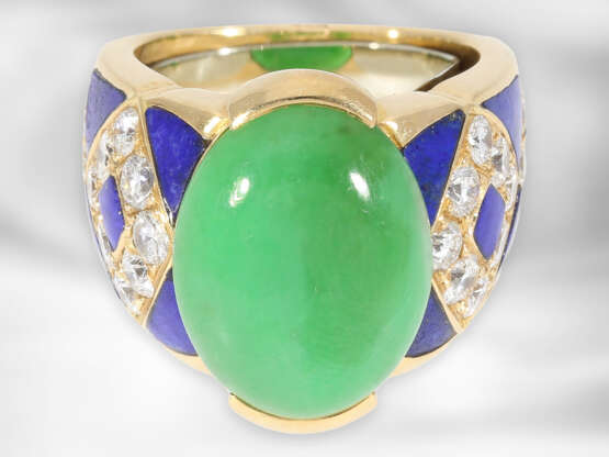 Ring: hochwertiger kunstvoll gearbeiteter Jadering mit Brillanten und Lapislazuli, 18K Gelbgold, Goldschmiedehandarbeit - Foto 3