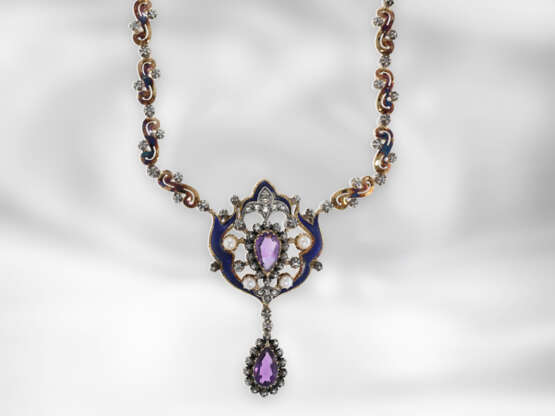 Collier/Armreif/Ohrringe: einzigartiges antikes Schmuckset, Gold/Emaille, Amethyste, Diamanten und Perlen, vermutlich Österreich-Ungarn 19. Jahrhundert. - photo 6