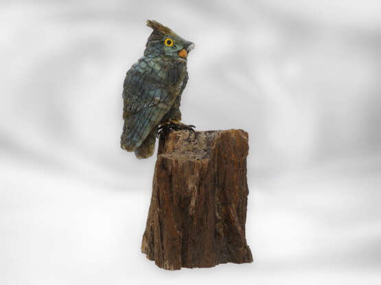 Figur/Steinschnitzerei: Skulptur einer Eule aus Labradorit auf versteinertem Holz, aus dem Meisteratelier von Eberhard Bank, mit Zertifikat - photo 4