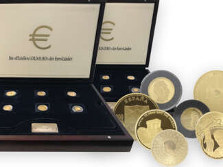 Münzen: wertvolles Set aus 2 x 12 Gold-Euromünzen der Euro-Länder, neuwertig in hochwertigen Holzboxen mit allen Zertifikaten, insgesamt 234,59g Feingold !