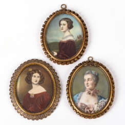 3 Damen-Miniaturporträts, darunter 1 Rahmenpaar