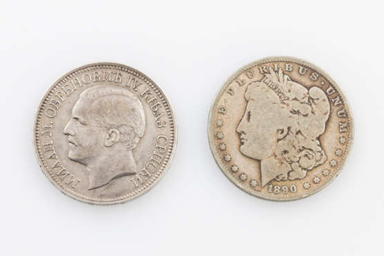 Serbien - 5 Dinar 1879. Dazu: USA 1 Dollar 1890 O - photo 1
