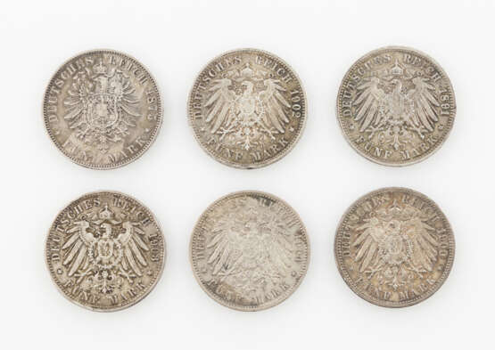 Kaiserreich - Konvolut von 6 x 5 Mark, verschiedene Jahrgänge, - Foto 2