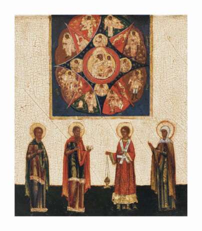 Ikone 'Gottesmutter vom unverbrennbaren Dornbusch mit 4 Heiligen' - фото 1