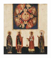 Ikone 'Gottesmutter vom unverbrennbaren Dornbusch mit 4 Heiligen'