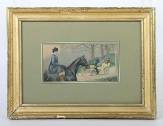 Maler des 19./20. Jahrhundert ''Dame zu Pferd trifft auf Automobil'' - photo 2
