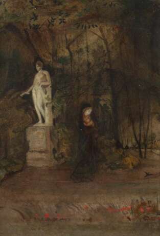 Monogrammist J.B. Maler des 19. Jahrhundert. ''Im Park'' auf einem Weg gehende Frau - фото 1
