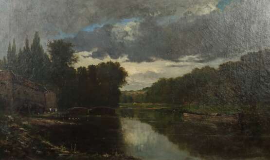 Französischer Maler des 19. Jahrhundert Schule von Barbizon. ''Flusslauf mit Lastkahn'' - фото 1