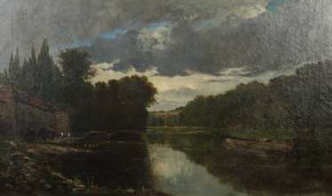 Französischer Maler des 19. Jahrhundert Schule von Barbizon. ''Flusslauf mit Lastkahn''