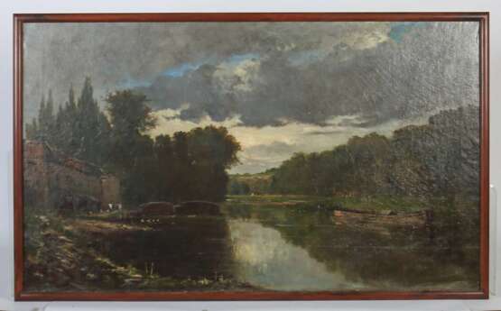 Französischer Maler des 19. Jahrhundert Schule von Barbizon. ''Flusslauf mit Lastkahn'' - photo 2