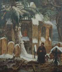 Maler des 19./20. Jahrhundert ''Mönch vor offenem Grab'' ein Gebet sprechend
