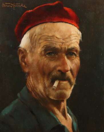 Funke, Bernd Essen 1902 - 1988 Heide/Holstein, Blumen-, Figuren- und Landschaftsmaler. ''Portrait eines bärtigen Mannes mit roter Kappe und Zigarette'' - photo 1
