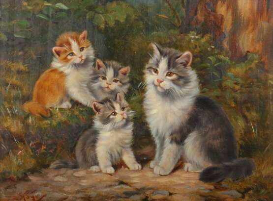 Kögl, Benno Greding 1892 - 1973 München, deutscher Tiermaler. ''Katzenmutter mit drei Jungen'' - photo 1