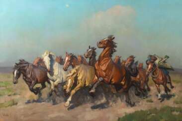 Viski, Jànos Szokolya 1891 - 1987 Budapest, ungarischer Landschaftsmaler. ''Pferdehirten beim Treiben der Herde''