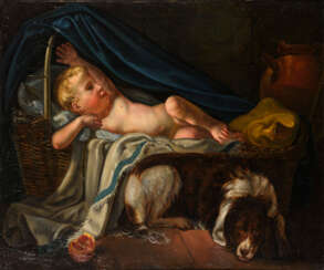 Französischer Maler: Baby mit Hund