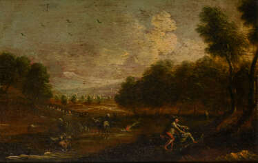 Landschaftsmaler 18. Jahrhundert: Landschaft mit Vieh und zwei sich prügelnden Männern