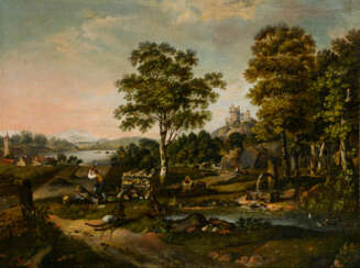 Barocker Maler 18. Jahrhundert: Holzfäller in hügeliger Landschaft nahe Ruine