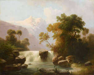 Landschaftsmaler Mitte 19. Jahrhundert: Wasserfall im Gebirge