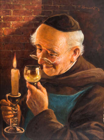 KRAUSS, Max (1902-?)), "Mönch mit Weinglas und Kerze im Keller", - Foto 1