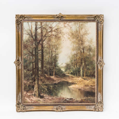 MALER des 20. Jahrhundert, "Voralpenlandschaft mit einem Weiher in Birkenwald", unten rechts undeutl. signiert, - photo 2