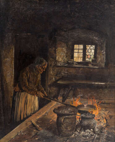 KOTSCHENREITER, G. HUGO (1854-1908), "Alte Frau am Herd in der Küche", - Foto 1