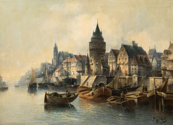 GILBERT, F., Pseudonym für KARL KAUFMANN (Neuplachowitz 1843-1902 / 05 Wien), "Holländische Hafenstadt", wohl Amsterdam, - фото 1