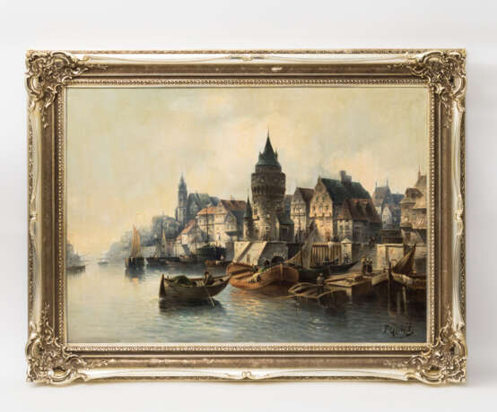 GILBERT, F., Pseudonym für KARL KAUFMANN (Neuplachowitz 1843-1902 / 05 Wien), "Holländische Hafenstadt", wohl Amsterdam, - Foto 2