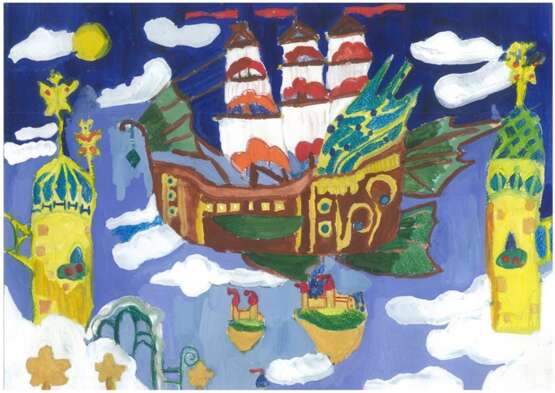 Design Gemälde „Schiff. Preiswertes Malen. Bild. Fliegendes Schiff. Segel. Innere.“, Gemischtes Medium, Siehe Beschreibung, Animalistisches, 2020 - Foto 1