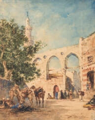 BERCHÉRE, NARCISSE (Etampes 1819-1891 Asnières), "Beduinen mit Kamelen vor den Mauern einer orientalischen Stadt",