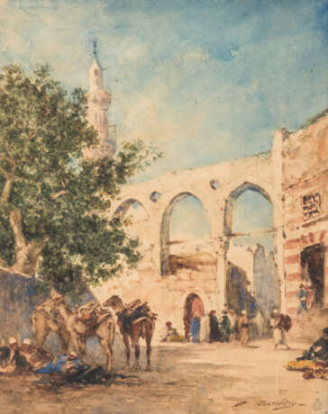 BERCHÉRE, NARCISSE (Etampes 1819-1891 Asnières), "Beduinen mit Kamelen vor den Mauern einer orientalischen Stadt", - Foto 1