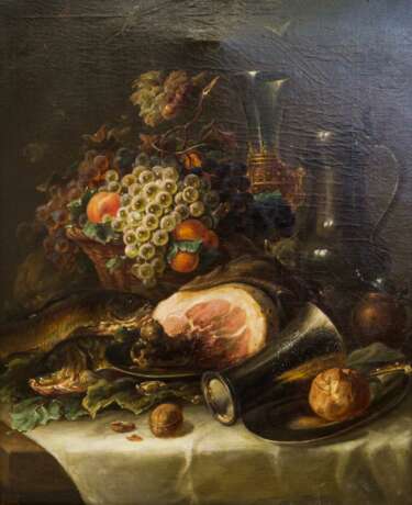 MALER der 2. Hälfte des 19. Jahrhundert (Restsign.: ?einhard), "Stillleben mit Früchten und Gefäßen, Schinken und Fischen", - Foto 1