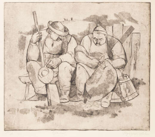 SLAVISCHER KÜNSTLER 20. Jahrhundert, "Zwei Bauern auf einer Bank sitzend", - фото 1