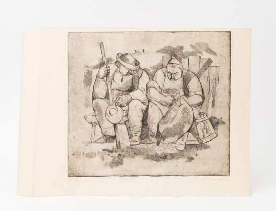 SLAVISCHER KÜNSTLER 20. Jahrhundert, "Zwei Bauern auf einer Bank sitzend", - Foto 2