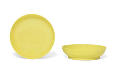 A PAIR OF SMALL LEMON-YELLOW-ENAMELLED DISHES