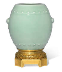 A CELADON-GLAZED BARREL-FORM JAR WITH DATED ORMOLU STAND